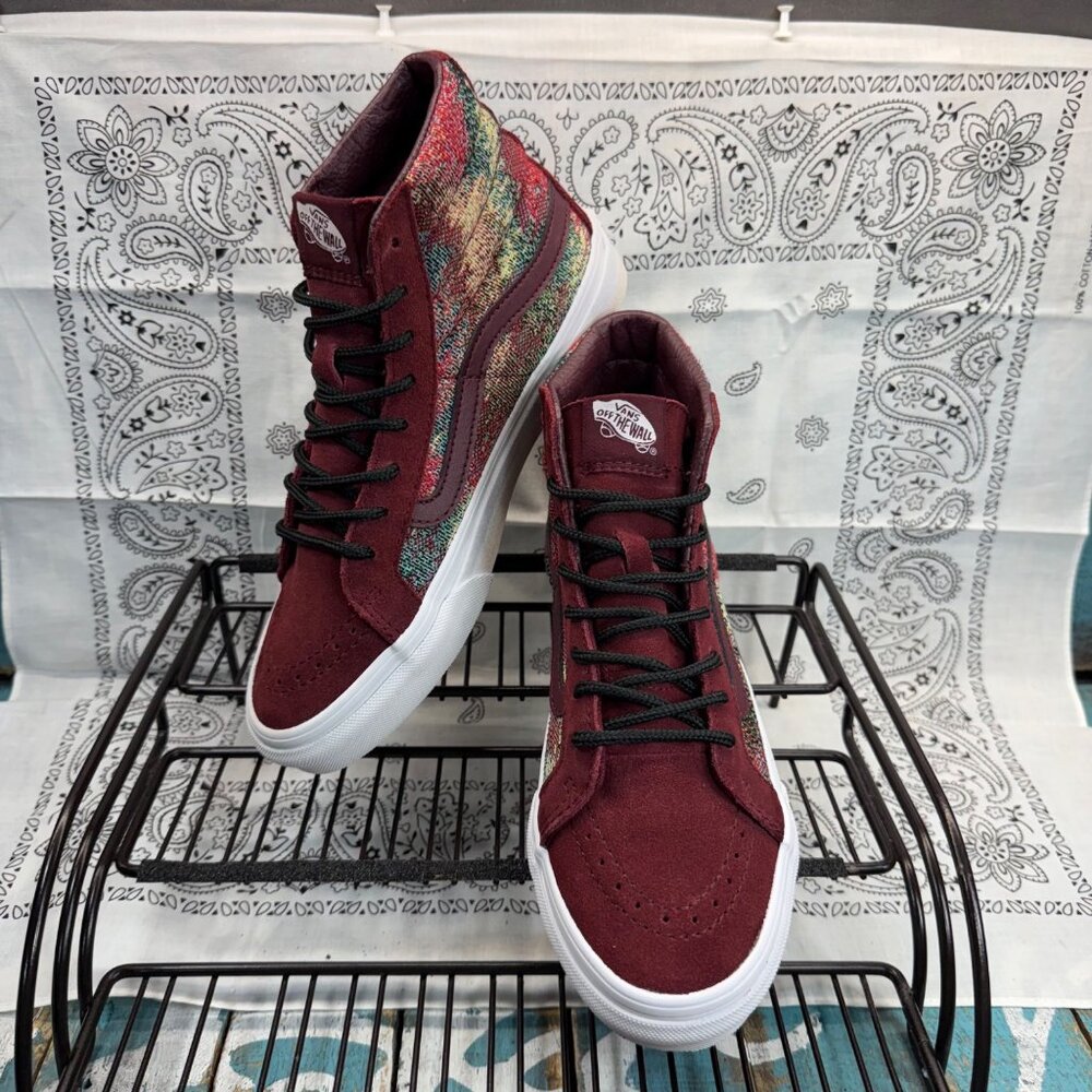 Vans Burgundy High Top Sneakers with Multicolor Knit Panels - Picture 4 of 10